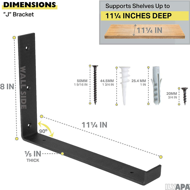 Heavy Duty Steel Floating Shelf Brackets, J Bracket with Lip- Farmhouse Rustic Iron Matte Finish - 4 Pack of 8 x 11.25 Inch Industrial Metal Shelf Holders, Joint Angle Brackets for Wall Mount Shelves