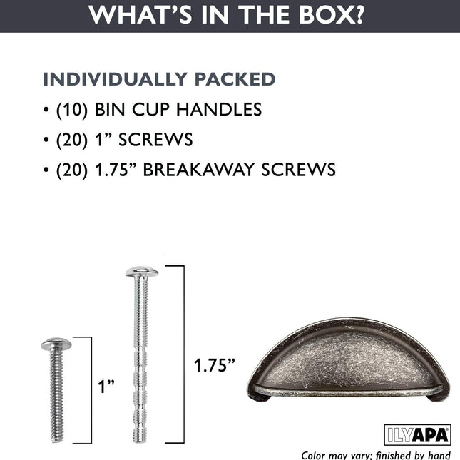 Antique Iron Kitchen Cabinet Pulls - 3 Inch Hole Center Bin Cup Drawer Handles - 10 Pack of Kitchen Cabinet Hardware