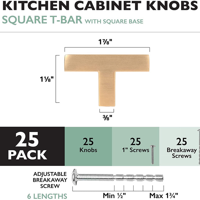 Brushed Gold Cabinet Knobs, 25 Pack - Modern Square T-Knob Drawer Pull Handle Hardware