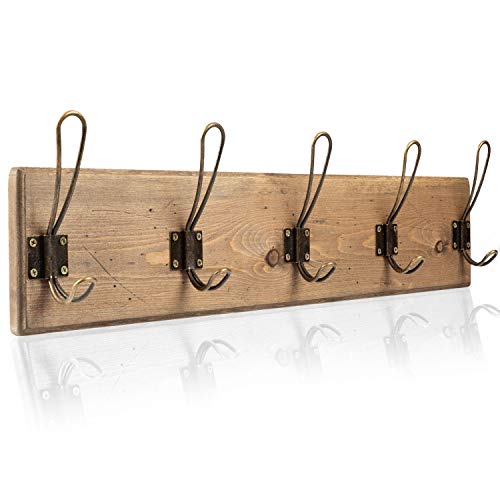 Wall Mounted Coat Rack - Rustic Wooden 5 Hook Coat Hanger Rail, Distressed Wood, Antique Brass Hooks