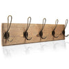 Wall Mounted Coat Rack - Rustic Wooden 5 Hook Coat Hanger Rail, Distressed Wood, Antique Brass Hooks