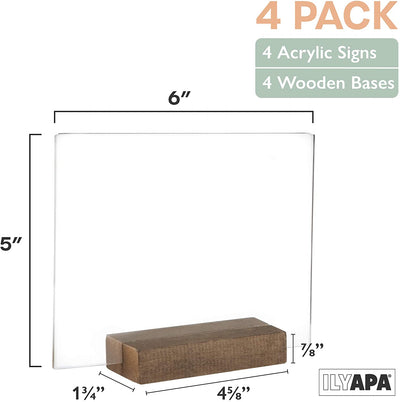 Acrylic Sign Holders with Wood Stands, 4 Pack - Small 5x6 Inch Blank Table Numbers Set for Wedding