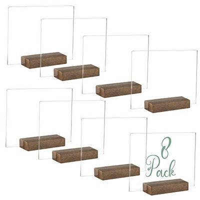 Acrylic Sign Holders with Wood Stands, 8 Pack - Small 5x6 Inch Blank Table Numbers Set for Wedding