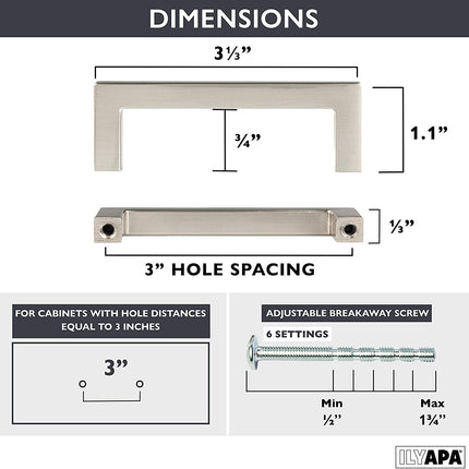 Satin Nickle Cabinet Handles - 3 Inch Hole Center Modern Squared Drawer Pulls - 25 Pack of Kitchen Cabinet Hardware