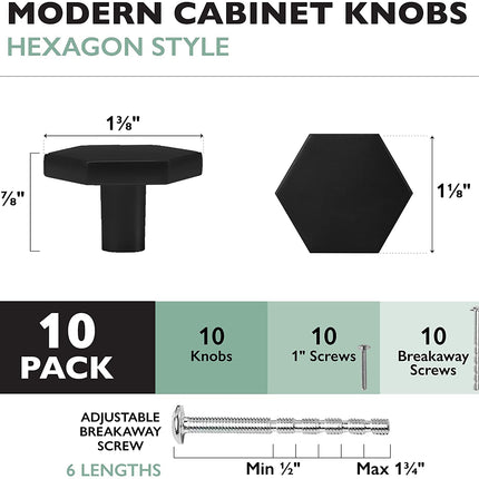 Ilyapa Flat Black Kitchen Cabinet Knobs - Hexagon Drawer Handles - 10 Pack of Kitchen Cabinet Hardware