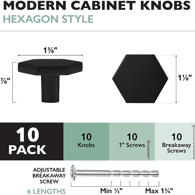 Ilyapa Flat Black Kitchen Cabinet Knobs - Hexagon Drawer Handles - 10 Pack of Kitchen Cabinet Hardware
