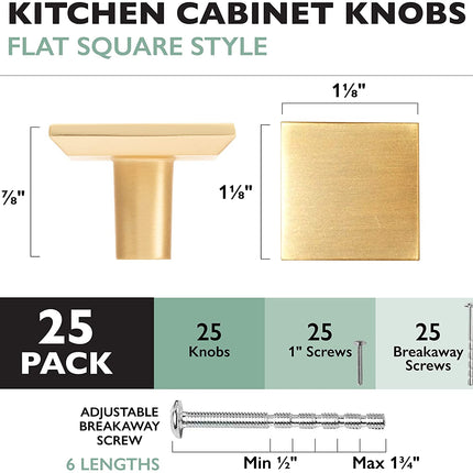 Ilyapa Brushed Gold Kitchen Cabinet Knobs - Square Drawer Handles - 25 Pack of Kitchen Cabinet Hardware
