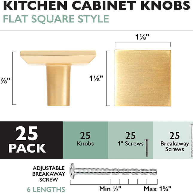 Ilyapa Brushed Gold Kitchen Cabinet Knobs - Square Drawer Handles - 25 Pack of Kitchen Cabinet Hardware