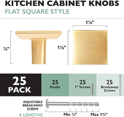 Ilyapa Brushed Gold Kitchen Cabinet Knobs - Square Drawer Handles - 25 Pack of Kitchen Cabinet Hardware