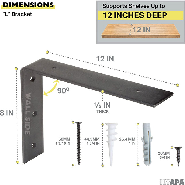 Heavy Duty Floating Shelf Brackets, 4 Pack - 8x12 Inch Black Metal Shelf Holders