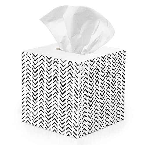 Ilyapa Wooden Tissue Box Cover, White Wood Herringbone Design - Modern Printed White Wooden Tissue Holders