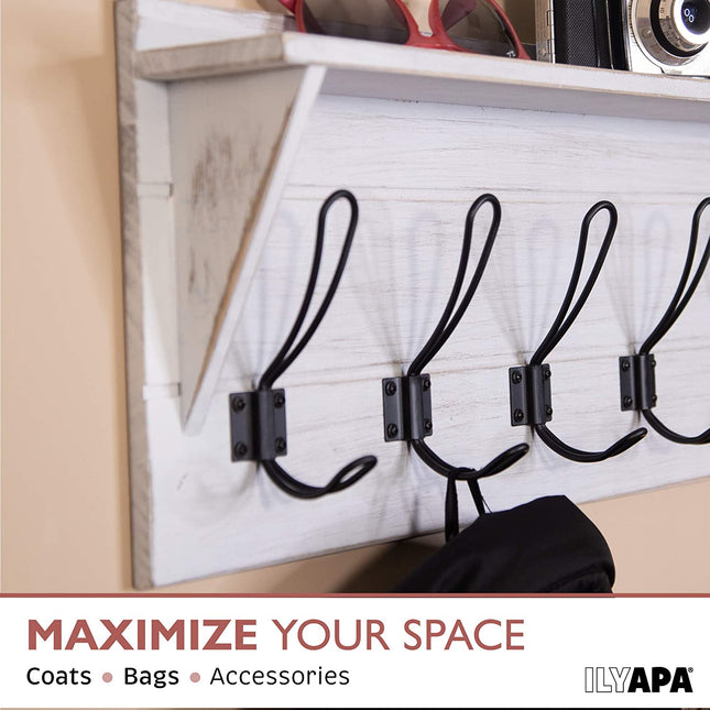 Wall Mounted Coat Rack with Shelf - 16 Inch Rustic Wooden 4 Hook Coat Hanger Rail, White Distressed Wood, Black Metal Hooks