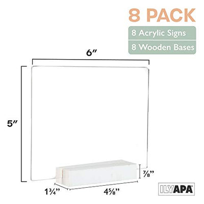 Acrylic Sign Holders with White Wood Stands, 8 Pack - Small 5x6 Inch Blank Table Numbers Set for Wedding
