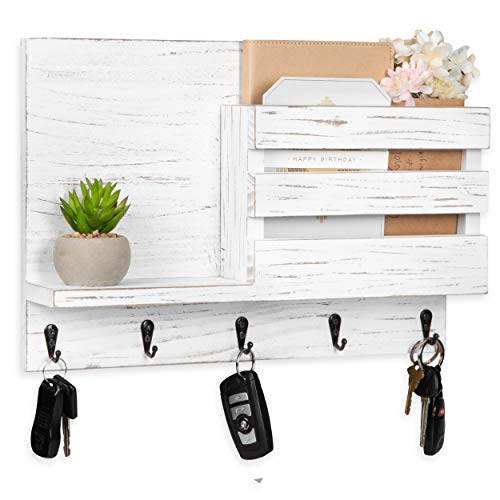 Wood Key and Mail Holder with Shelf - Rustic White Wooden Wall Mount Mail Organizer & Key Rack, Decorative