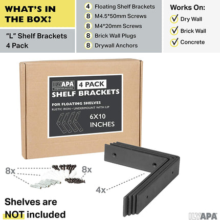 Heavy Duty Steel Shelf Brackets, L Bracket - Farmhouse Rustic Iron Matte Finish - 4 Pack of 6 x 10 Inch Industrial Metal Shelf Holders, Corner L Brace Joint Angle Brackets for Wall Mount Shelves