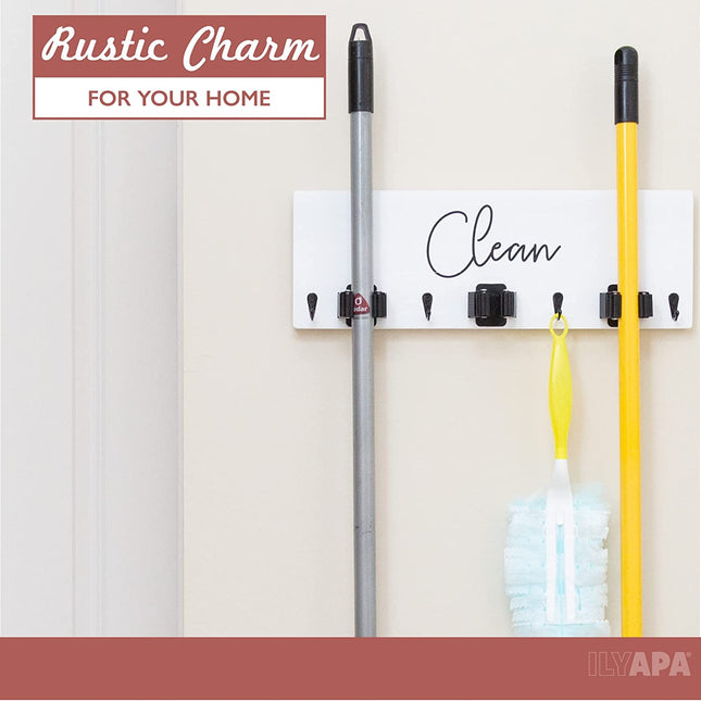 Ilyapa Broom Holder Wall Mount, White Wooden Mop Storage- 3 pole holders-4 Hooks