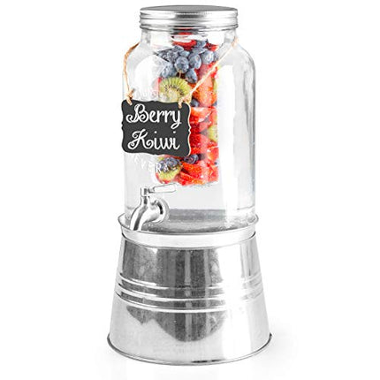 Outdoor Glass Beverage Dispenser with Infuser, Ice Bucket Stand, Stainless Steel Spigot & Hanging Chalkboard - 1.5 Gallon Outdoor Drink Dispenser for Lemonade, Tea, Cold Water & More