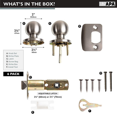 Ilyapa Passage Door Knob for Hall/Closet - Ball, Satin Nickel Interior Keyless Non Locking Round Door Handle, Satin Nickel, 6 Pack