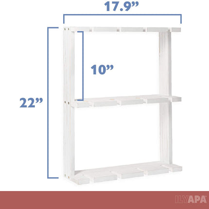 Wine Glass Rack, Wall Mounted - 3 Tier Rustic Weathered White Wood Stemware Storage Holder