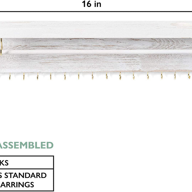 Ilyapa Wall Mounted Jewelry Organizer with Shelf - Rustic White Wood
