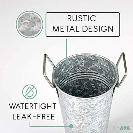 Galvanized Metal Vase 3 Pack - 9" Tall Bucket Planter Pots for Decor