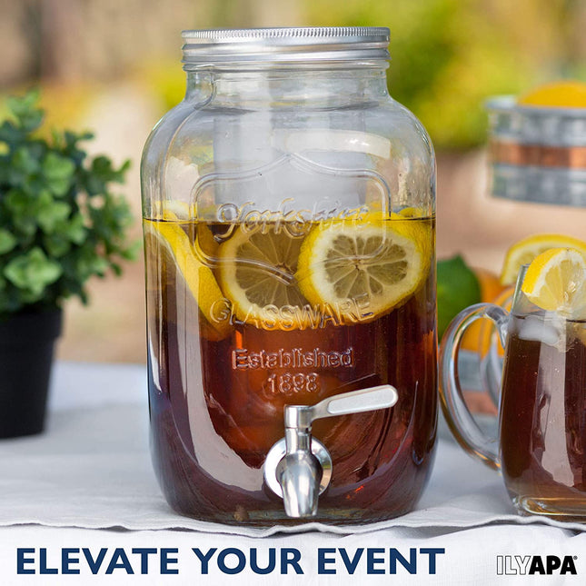 Outdoor Glass Beverage Dispenser with Stainless Steel Spigot, Ice Cylinder & Hanging Chalkboard - 1 Gallon Drink Dispenser for Lemonade, Tea, Cold Water & More