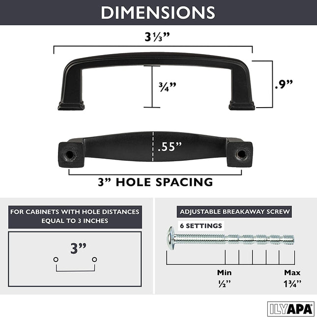 Black Cabinet Handles - 3 Inch Hole Center Modern Drawer Pulls - 25 Pack of Kitchen Cabinet Hardware