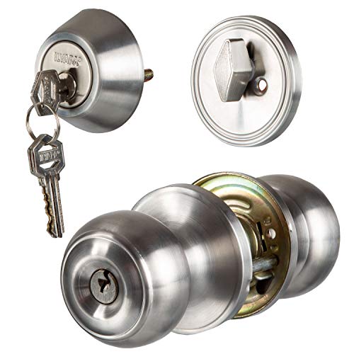 Ilyapa Entry Knob with Single Cylinder Deadbolt Combo Set - Colonial, Satin Nickel Exterior Door Keyed Alike Turn Thumb Locking Door Knob with Deadbolt, Satin Nickel, 3 Pack