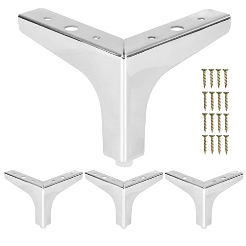 Ilyapa Triangular Metal Furniture Feet - Set of 4 Chrome Mid Century Modern 4 Inch Heavy Duty Replacement Furniture Leg for Sofas, Chairs, Ottomans, Cabinets
