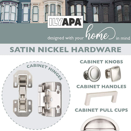 Self Closing Cabinet Hinges Satin Nickel, 50 Pack - 3/8 Inch Inset Variable Overlay Kitchen Cabinet Door Hinge Hardware