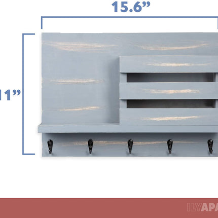 Wood Key and Mail Holder with Shelf - Rustic Gray Wooden Wall Mount Mail Organizer & Key Rack, Decorative