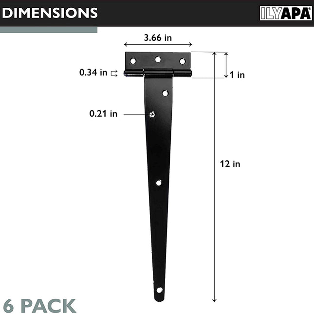 Ilyapa Heavy Duty Gate Hinges, 6 Pack - 12 Inch Outdoor T Strap Hinges for Barn Door, Shed or Wooden Fences