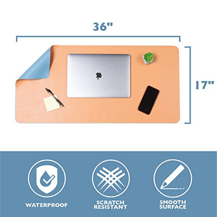 Office Desk Mat, Double Sided Dark Blue & Tan - 36 x 17 Inch Leather Style Computer Pad for Desk