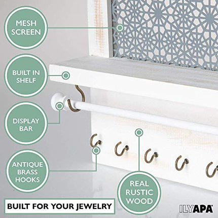Wall Mounted Jewelry Organizer with Shelf, Bracelet Holder Rod and 17 Antique Brass Hooks - Rustic White Wood - 13 x 17 Inch