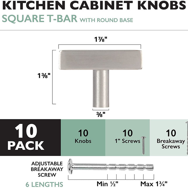 Satin Nickel Kitchen Cabinet Knobs, 10 Pack, Square T-Knob Drawer Pull Handle