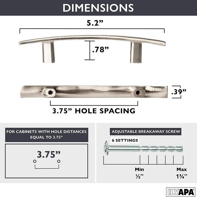 Satin Nickel Kitchen Cabinet Pulls - 3.75 Inch Hole Center Curved Pull Handle Bar - 25 Pack of Kitchen Cabinet Hardware
