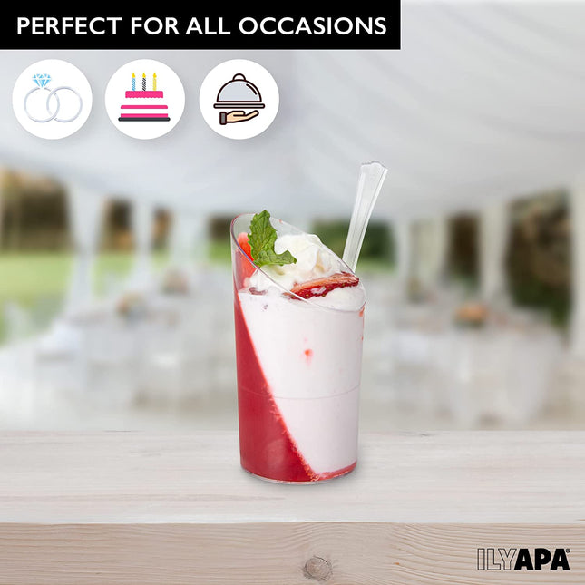 100 Mini Plastic Round Slanted Dessert Cup with Spoons - 3 oz Dessert Shooters
