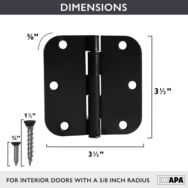 18 Pack of Door Hinges Flat Black - 3 1/2" x 3 1/2" Inch Interior Hinges for Doors Flat Black with 5/8" Radius Corners