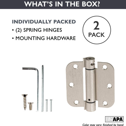 Self Closing Door Hinges, 2 Pack, Satin Nickel - 3 1/2 x 3 1/2 Inch Interior Spring Hinges for Doors