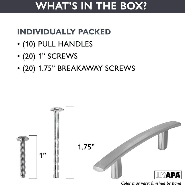 Satin Nickel Kitchen Cabinet Pulls - 3 Inch Hole Center Curved Pull Handle Bar - 10 Pack of Kitchen Cabinet Hardware