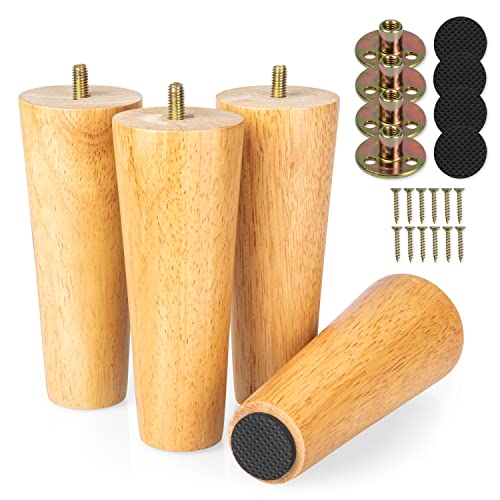 Ilyapa Wooden Furniture Feet - Set of 4 Natural Rubber Wood 6 Inch Tapered Replacement Furniture Leg for Sofas, Chairs, Loveseats, Ottoman, Dressers, End Tables