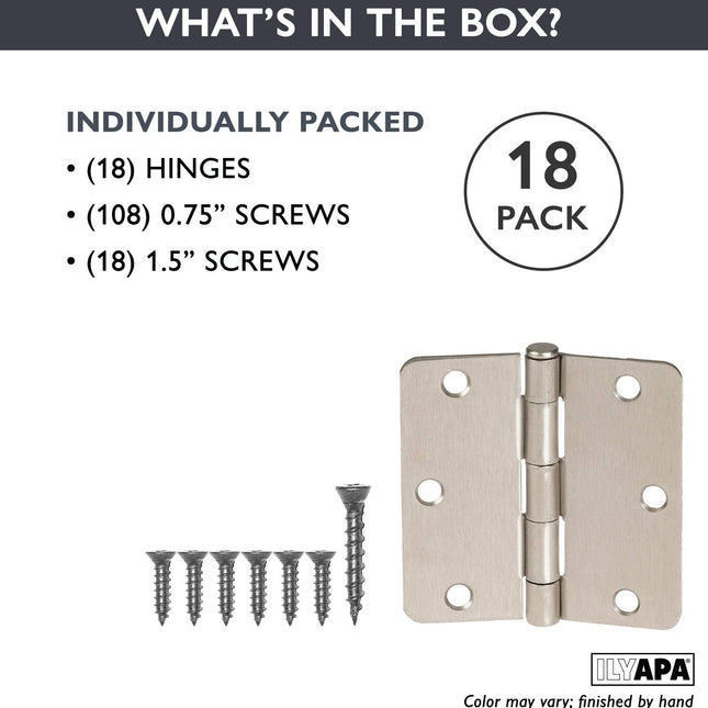 18 Pack of Door Hinges Satin Nickel - 3 1/2 x 3 1/2 Inch Interior Hinges for Doors with 1/4" Radius Corners