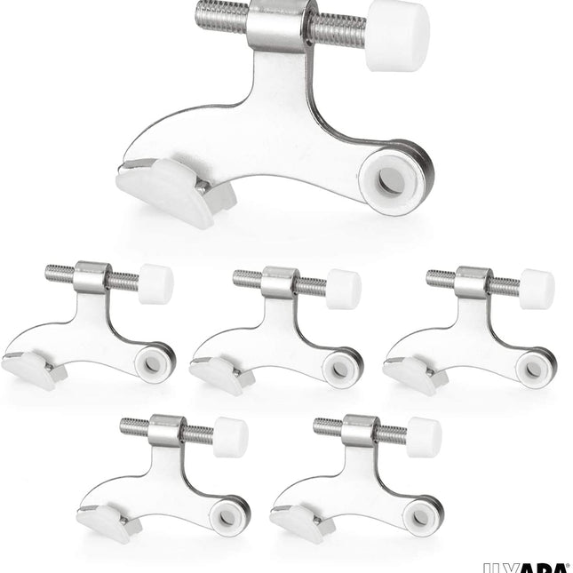 6 Pack Hinge Pin Satin Nickel Door Stops -Heavy Duty Adjustable Door Stopper 2-1/2" x 1-3/4",with White Rubber Bumper Tips