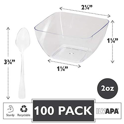 100 Mini Plastic Dessert Cups with Spoons - 2 oz Square Shooters