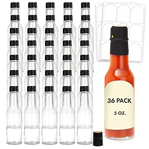 Ilyapa 36 Pack 5 oz Glass Bottles For Hot Sauce, Syrups, Marinades - Woozy Bottle with Black Screw Cap