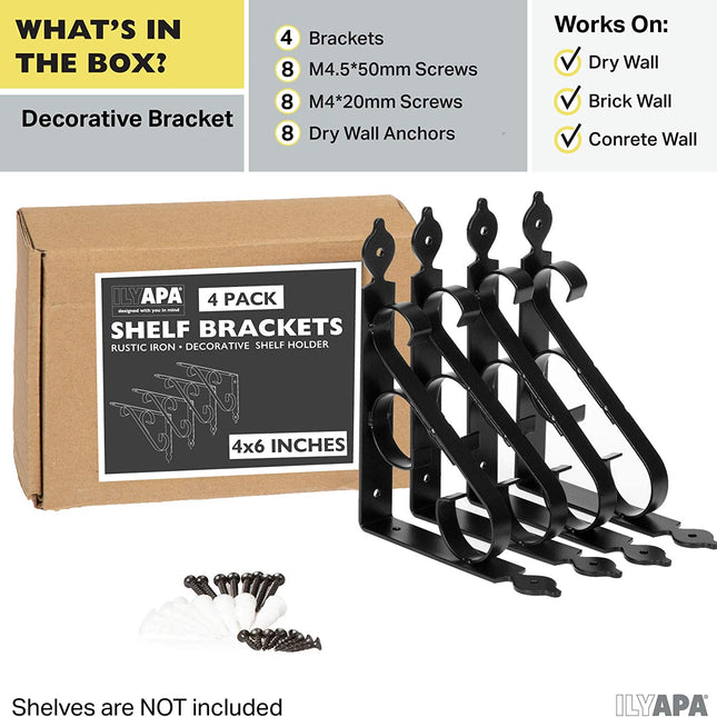 Heavy Duty Floating Shelf Brackets, 4 Pack - 4x6 Inch Decorative Metal Shelf Holders for Wall Mount Shelves