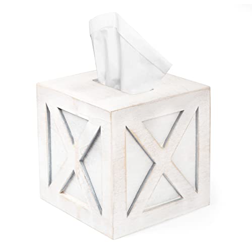 Ilyapa Wood Tissue Box Cover Farmhouse X Patterned- Rustic White Wood Holder
