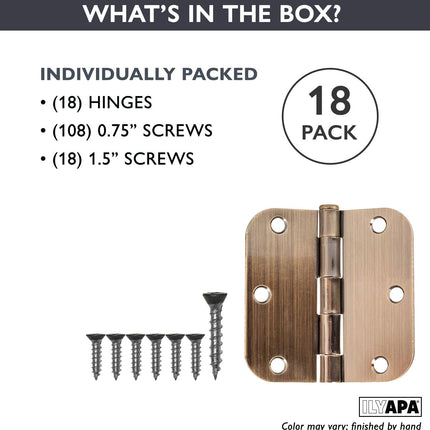 18 Pack of Door Hinges, Antique Brass - 3.5 x 3.5 Inch Interior Hinges for Doors