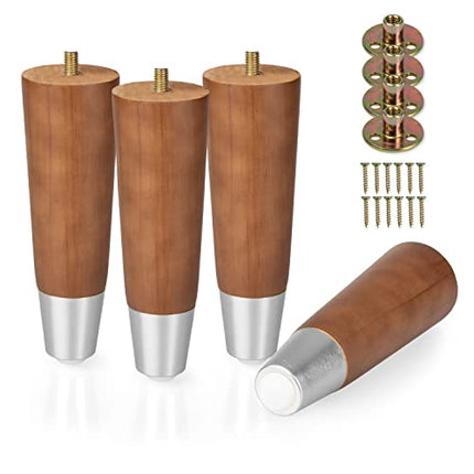 Ilyapa Wooden Furniture Legs with Silver Footing - Set of 4 Brown 6 Inch Tapered Replacement Furniture Leg for Sofas, Chairs, Loveseats, Ottoman, Dressers, End Tables