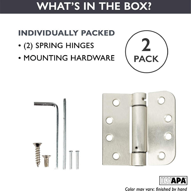 2 Pack of Self Closing Door Hinges Satin Nickel - 4 x 4 Inch Interior Hinges for Doors with Square Corners 5/8" Radius